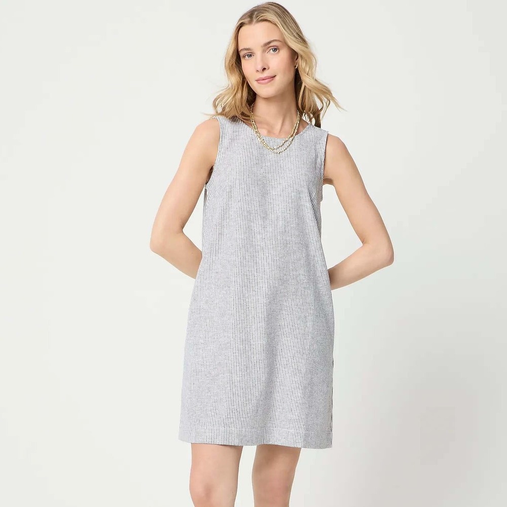 J. Crew Striped Linen Blend Dress Black White Coastal Travel Summer 25 Size 14